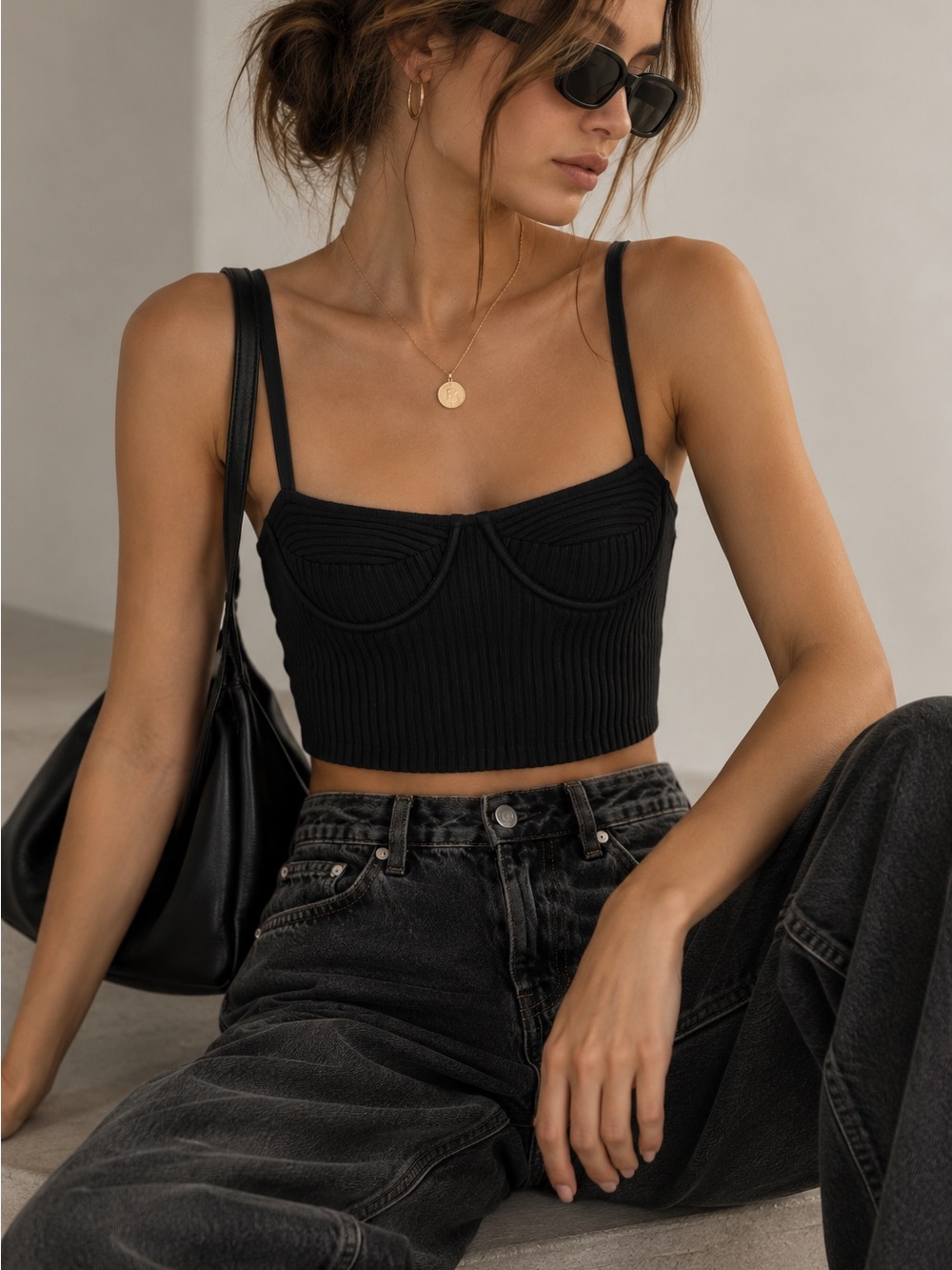 Urban Outfitters Black Ribbed Knit Bustier Corset Crop Top Size M